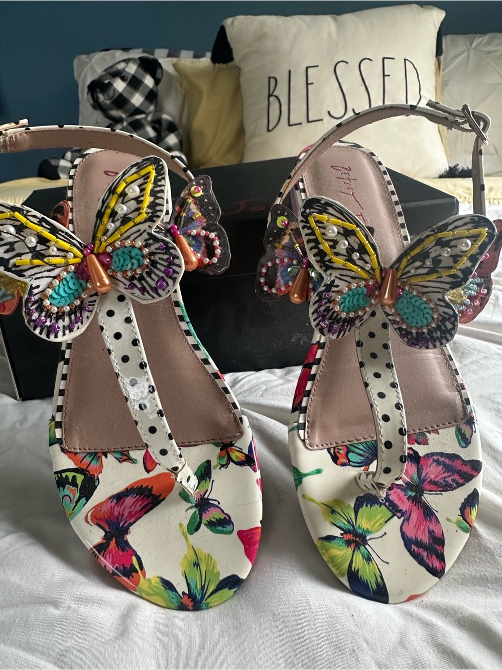 Betsey Johnson Multicolor Butterfly Embellished T-Strap Sandals